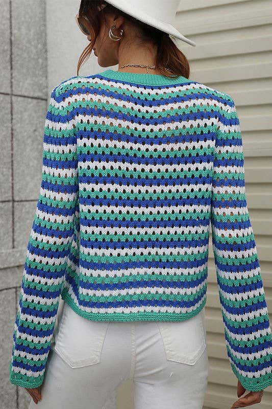 COLORED STRIPE OPEN KNIT SWEATER - GREEN
