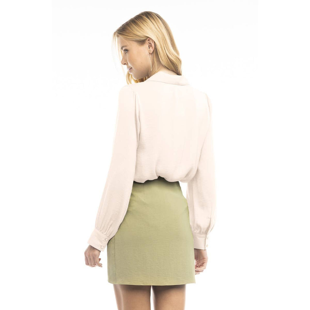 WOVEN V-NECK BUTTON DOWN BLOUSE - BEIGE