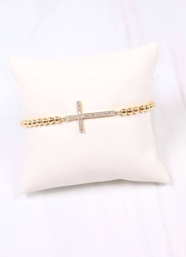 PATERSON GOLD BEAD + CZ CROSS BRACELET - GOLD