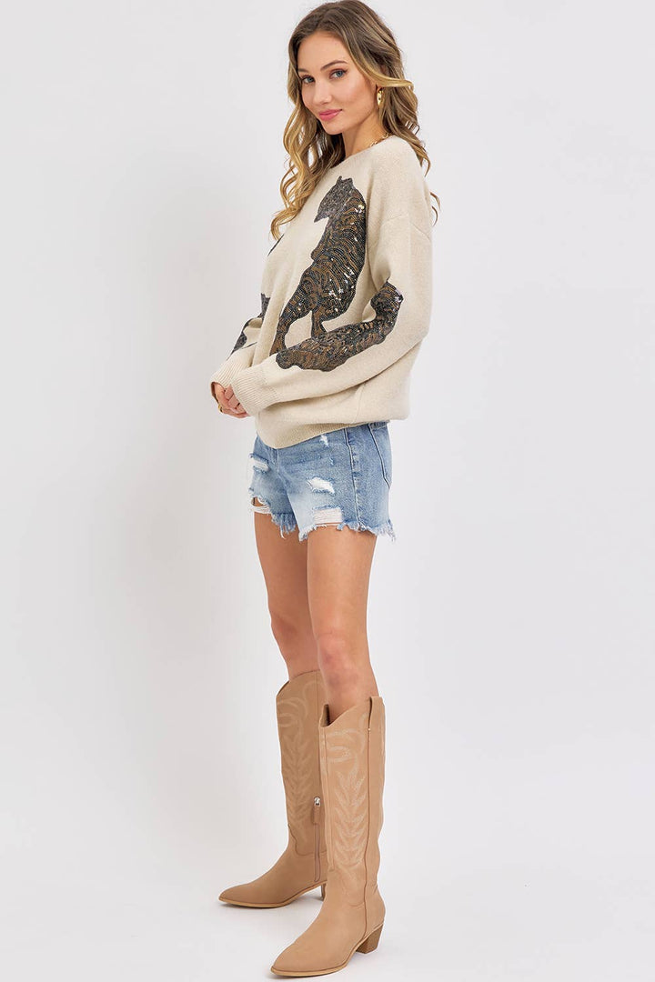 TIGER SEQUINS KNIT SWEATER - BEIGE