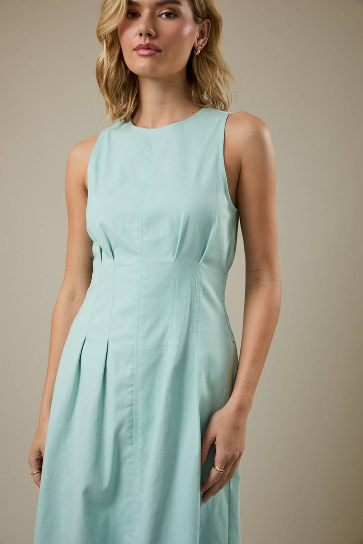 SLEEVELESS MIDI PLEATED STRETCH TWILL DRESS - MINT