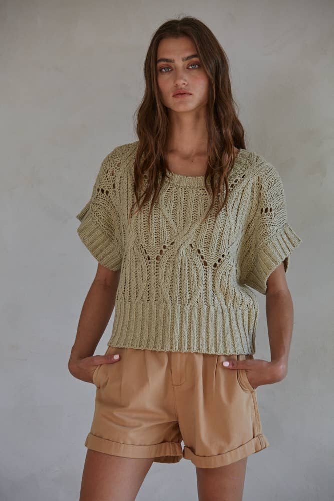 CALI CROCHET KNIT SHORT SLEEVE SWEATER - CREAM