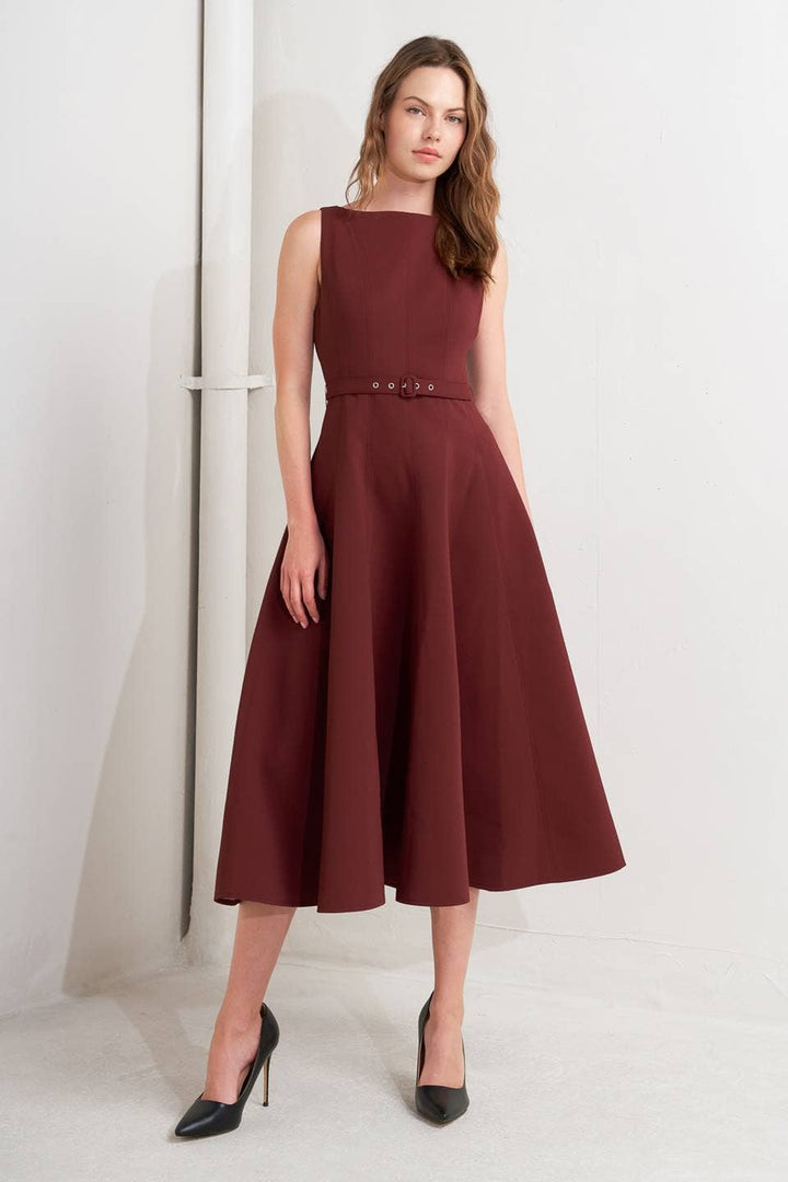 SOLID WOVEN MIDI DRESS - WINE