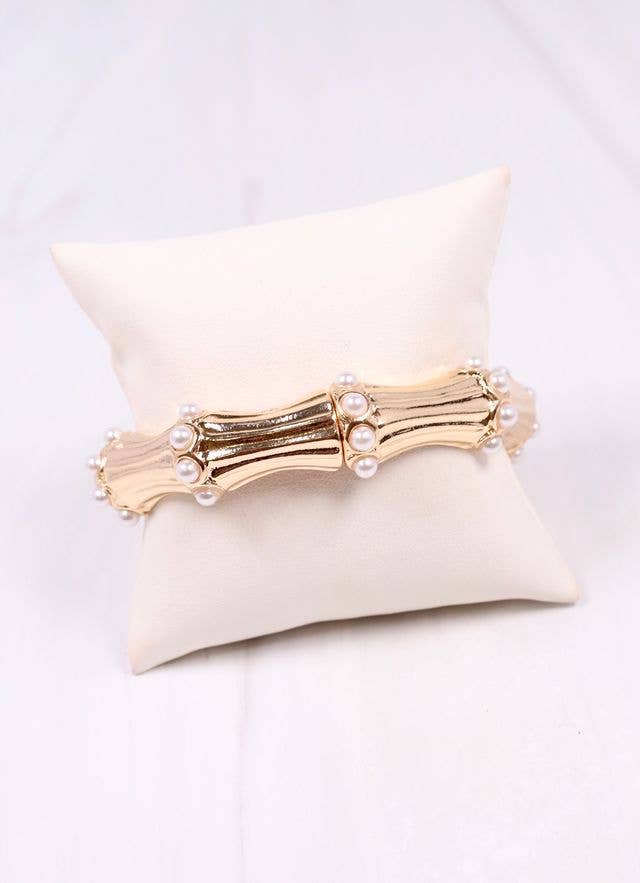 HOLLANDER BAMBOO + PEARLS STRETCH BRACELET - GOLD