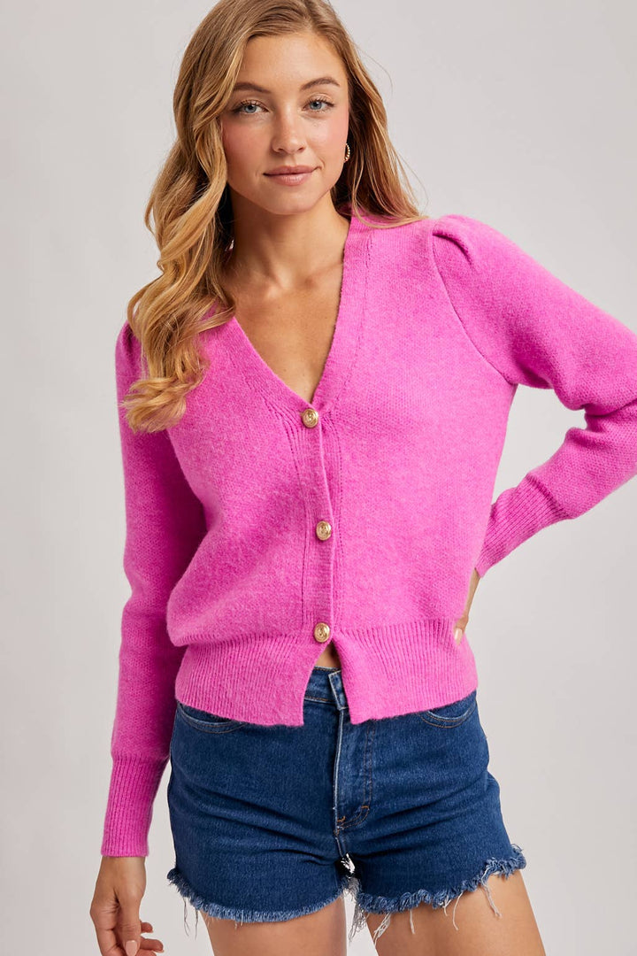 BUTTON DOWN V-NECK CARDIGAN: HOT PINK / S