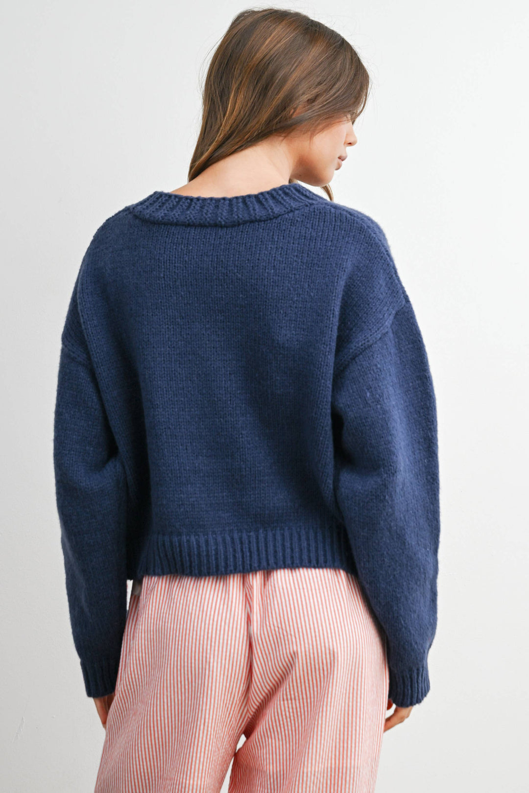 HEART PATTERN CROP CARDIGAN - NAVY