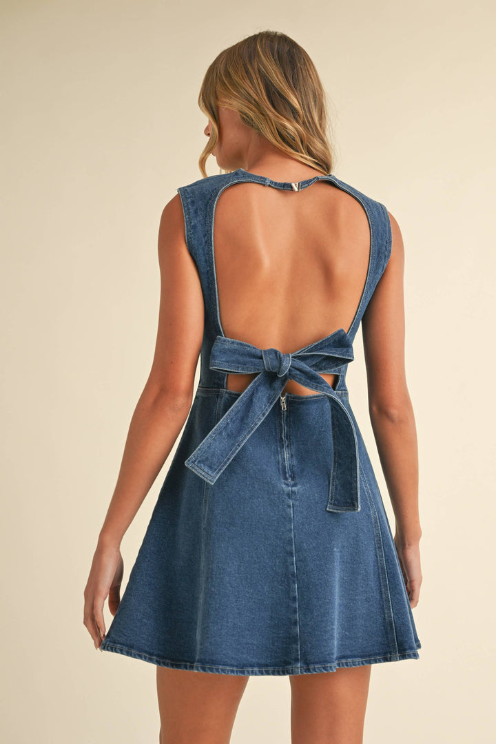 OPEN BACK DENIM A-LINE MINI DRESS - DARK WASH