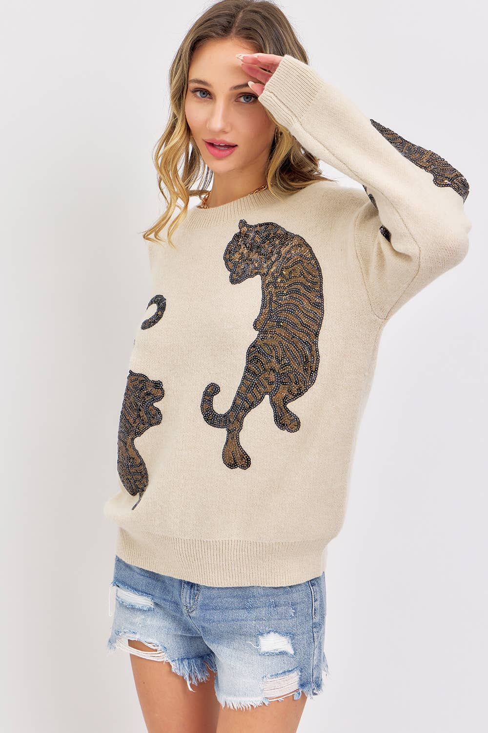 TIGER SEQUINS KNIT SWEATER - BEIGE