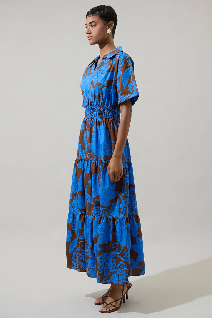 OFELIA FLORAL MILAH TIERED COLLARED MAXI DRESS - BLUE + BROWN