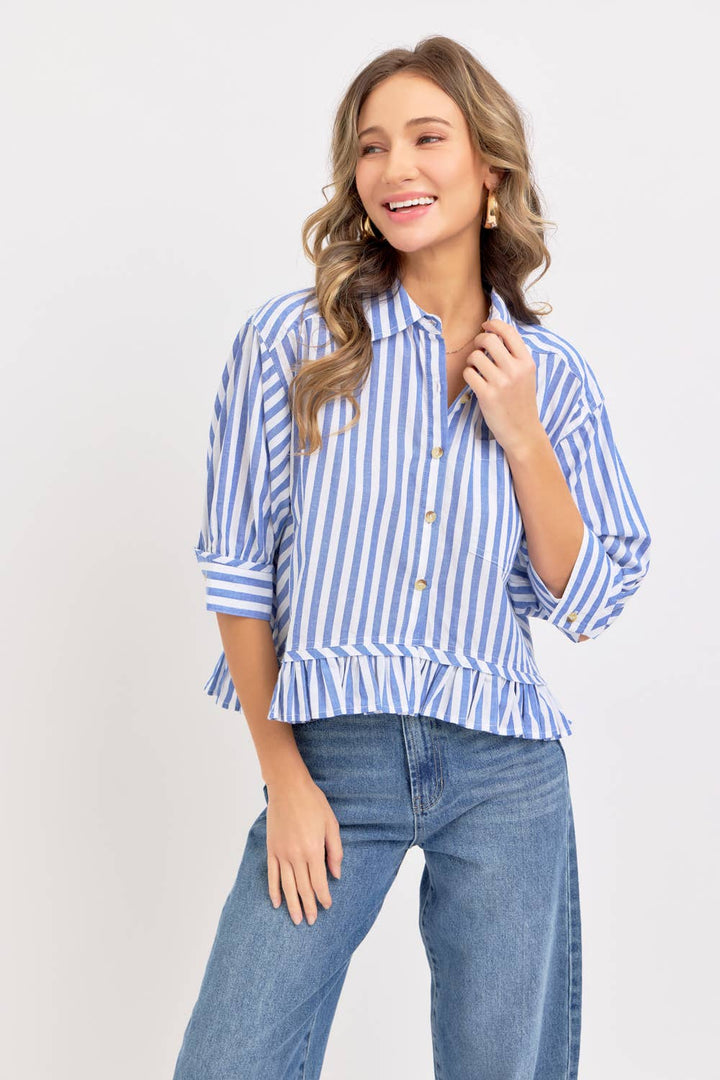 MODERN BUTTON DOWN STRIPED SHIRT - BLUE