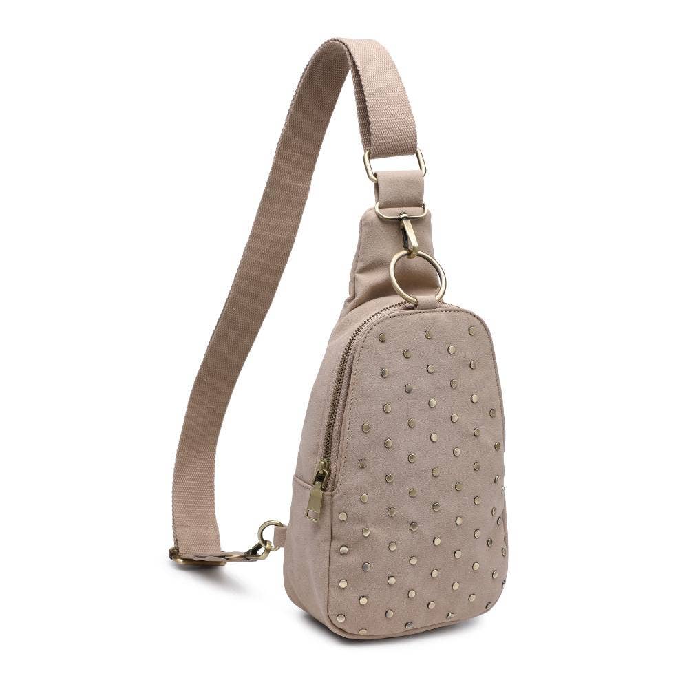 REGINA STUDDED VEGAN LEATHER SLING BACKPACK