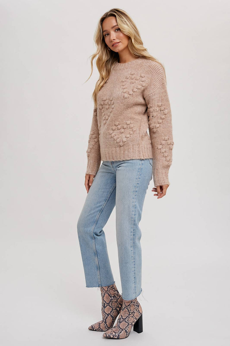 HEART SHAPE POM POM SWEATER - LATTE