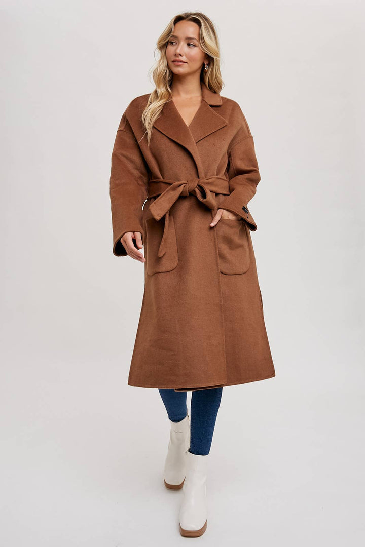 HANDMADE BELTED LONGLINE COAT - CAMEL