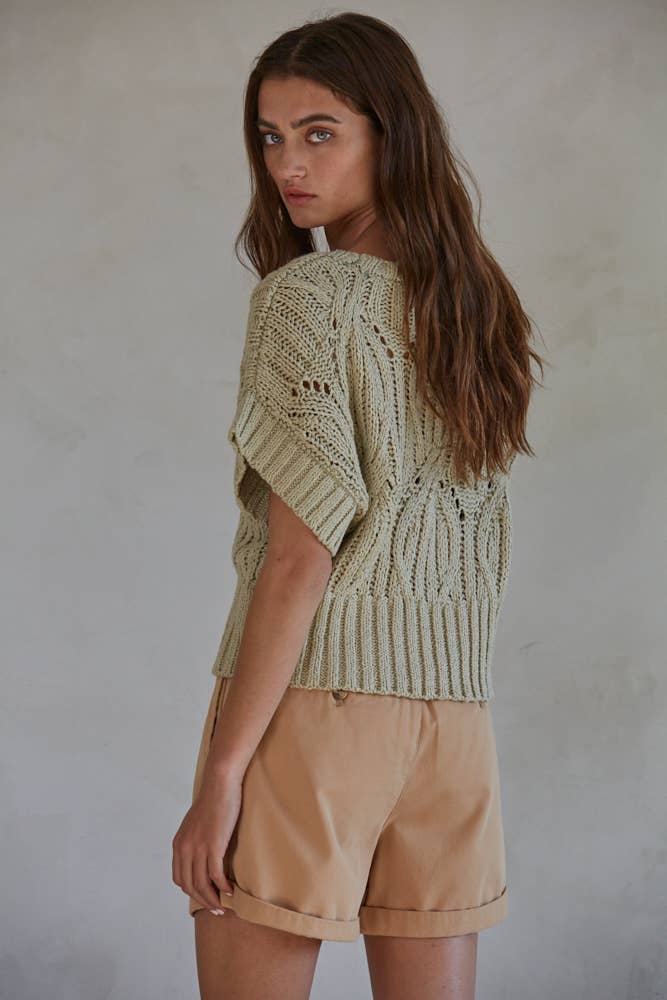 CALI CROCHET KNIT SHORT SLEEVE SWEATER - CREAM