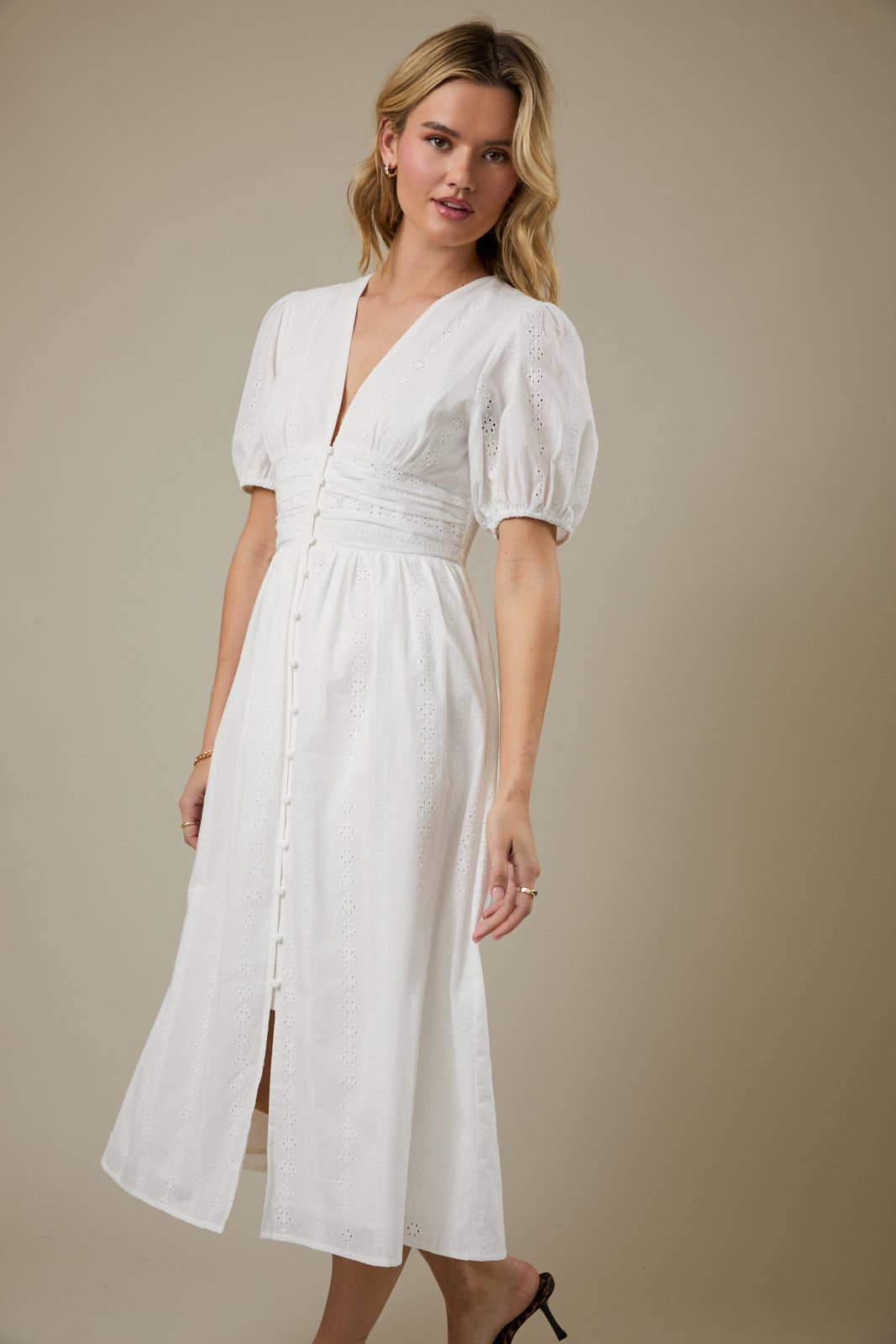 BUTTON DOWN FIT + FLARE EYELET MIDI DRESS - WHITE