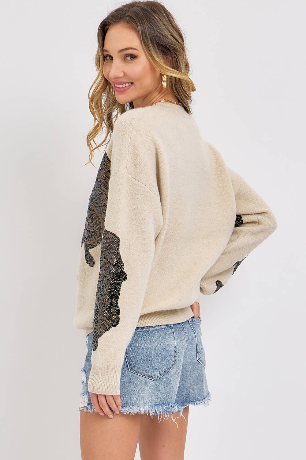 TIGER SEQUINS KNIT SWEATER - BEIGE