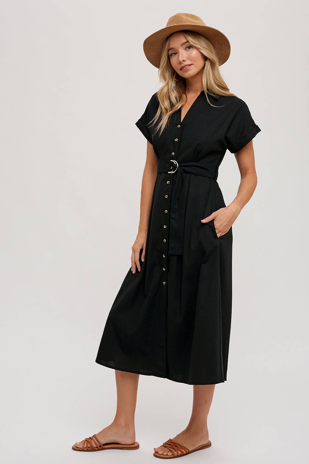 BUTTON DOWN BELTED MIDI DRESS - BLACK