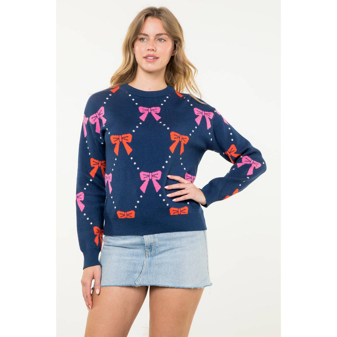 RIBBONS + BOWS KNIT SWEATER - NAVY