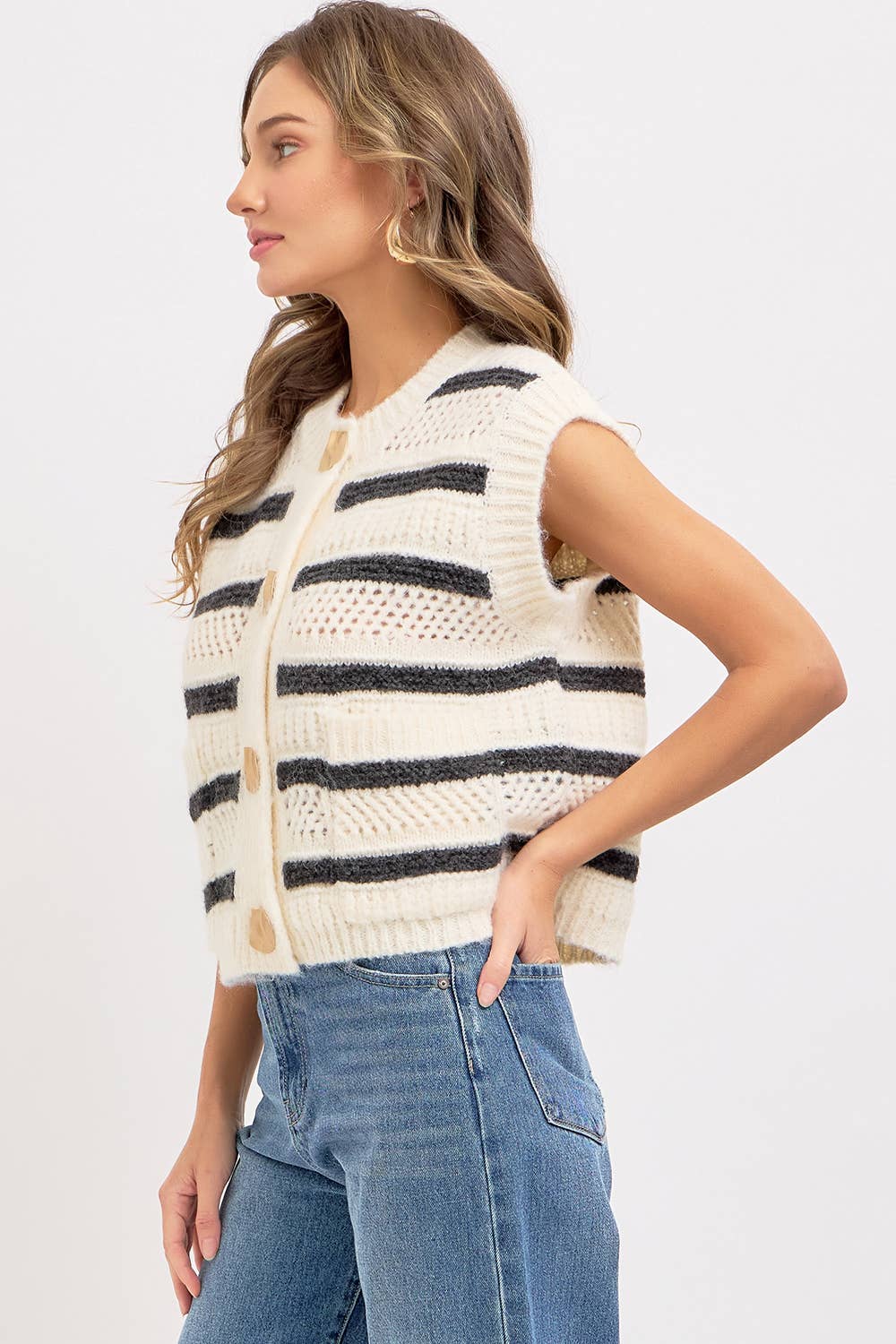 STRIPE SWEATER KNIT SLEEVELESS TOP - CREAM + NAVY