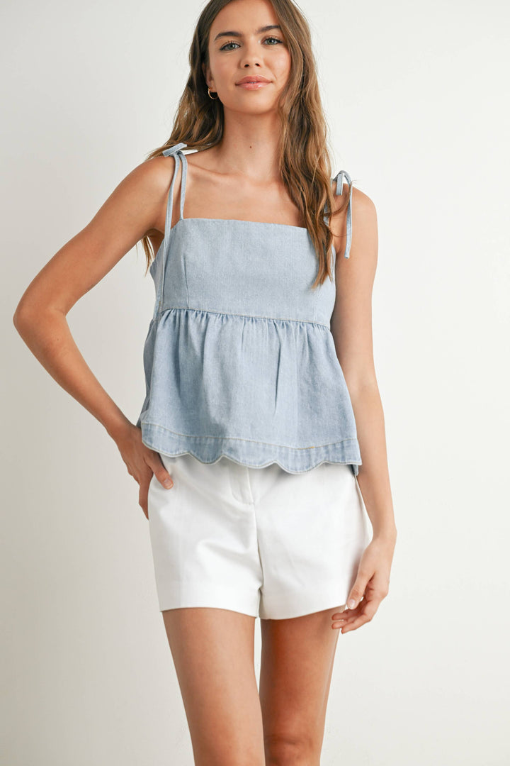 DENIM TIE STRAP PEPLUM TOP - LIGHT BLUE