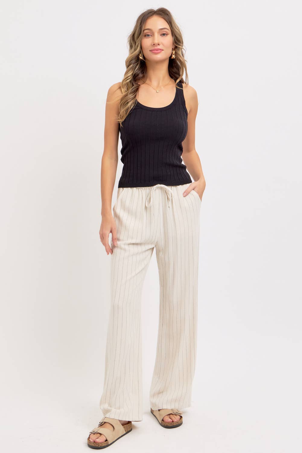 LINEN BLEND STRIPED  PULL ON PANTS - OATMEAL