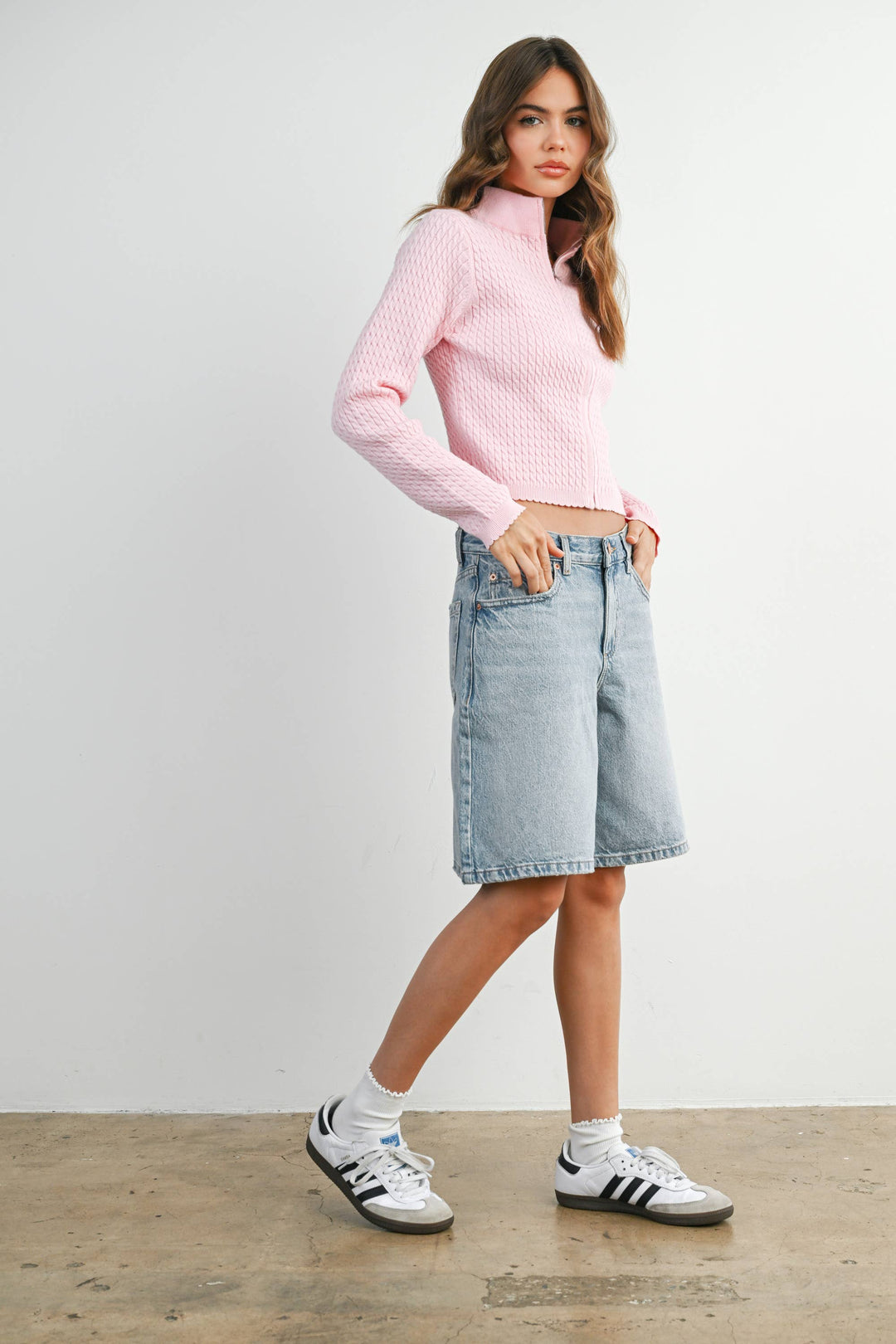 ZIP UP LONG SLEEVE MOCK NECK CARDI - PETAL PINK