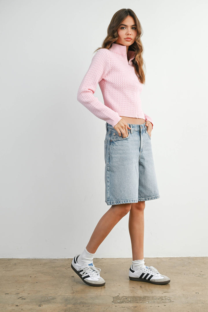 ZIP UP LONG SLEEVE MOCK NECK CARDI - PETAL PINK