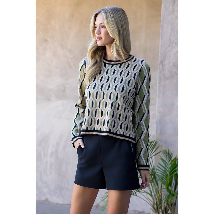 RETRO PATTERNED KNIT SWEATER - AVOCADO GREEN