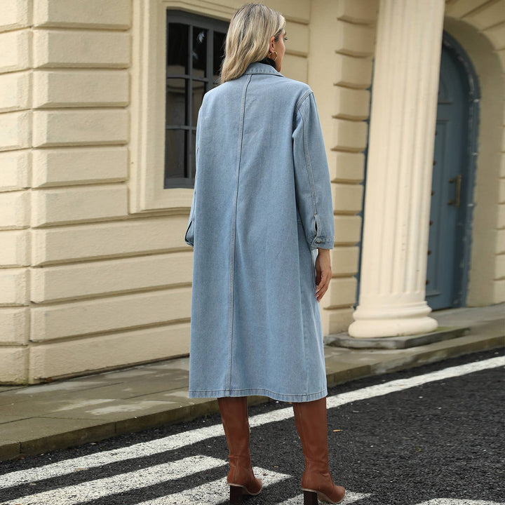 WASHED DENIM CASUAL LONG COAT TOP: BLUE / (S) 1