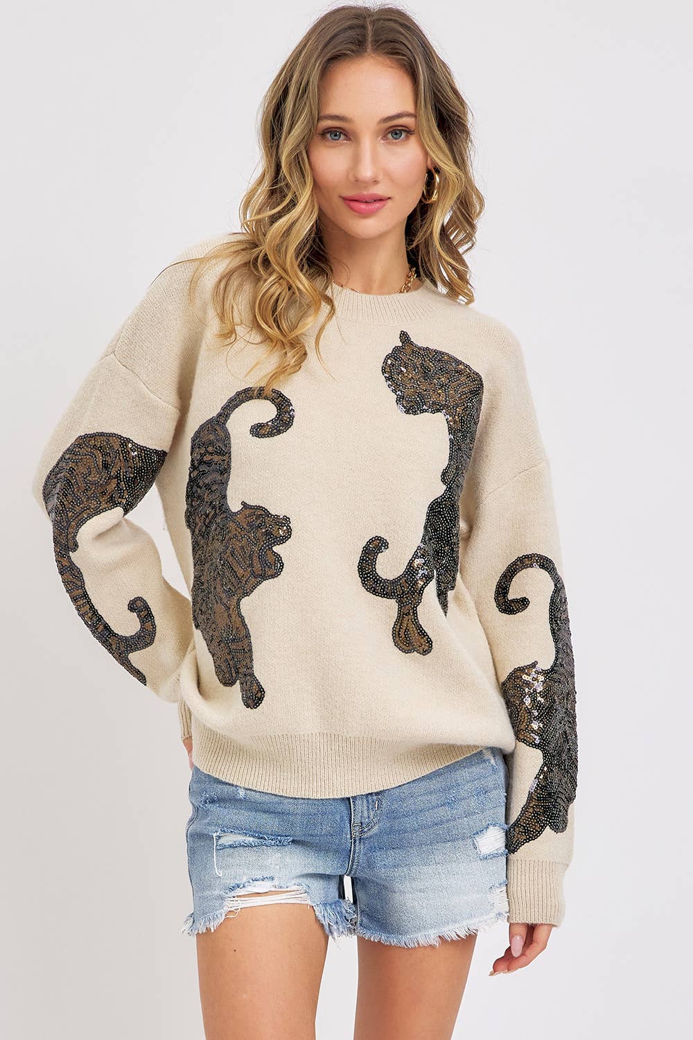 TIGER SEQUINS KNIT SWEATER - BEIGE