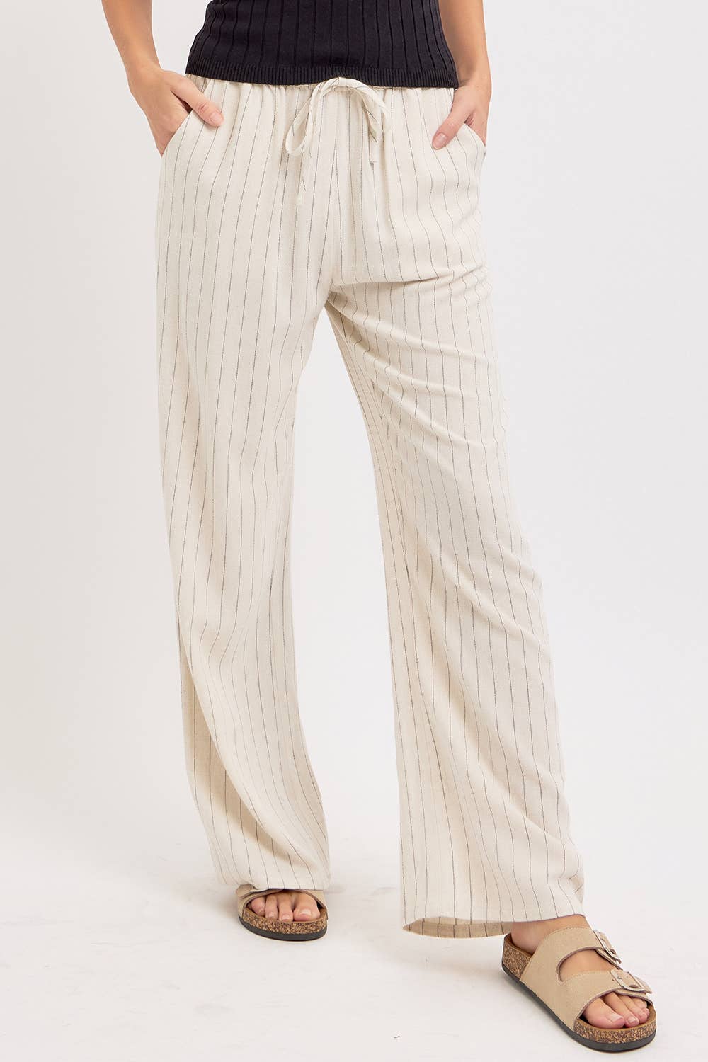 LINEN BLEND STRIPED  PULL ON PANTS - OATMEAL