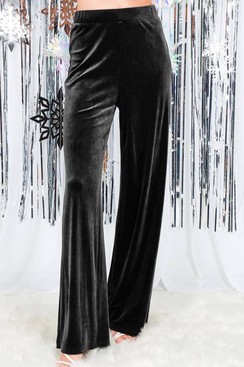 VELVET WIDE LEG HIGH RISE PANTS - BLACK