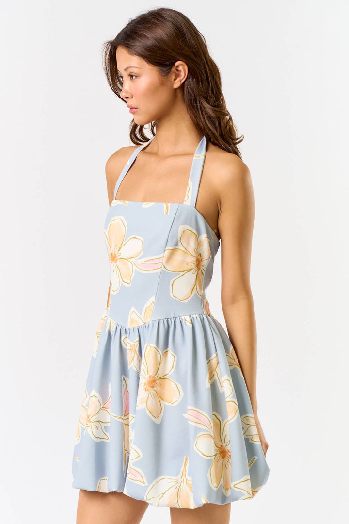 HALTER NECK FLORAL PRINT MINI BUBBLE DRESS - BLUE