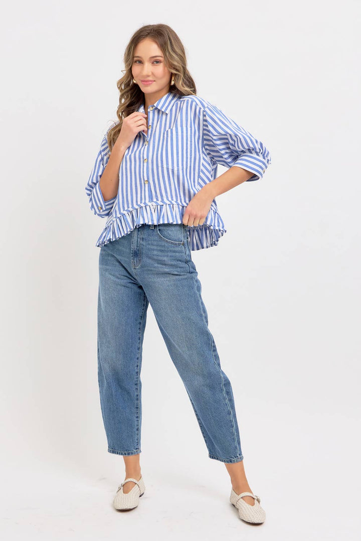 MODERN BUTTON DOWN STRIPED SHIRT - BLUE