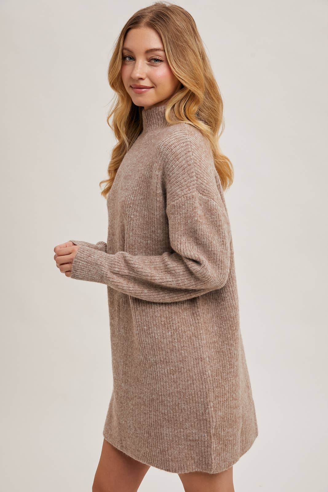 MOCK NECK KNIT SWEATER MINI DRESS - LATTE