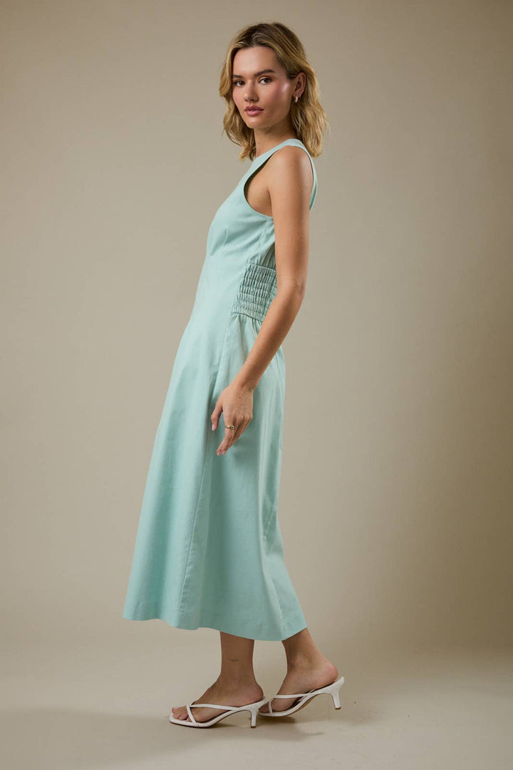 SLEEVELESS MIDI PLEATED STRETCH TWILL DRESS - MINT