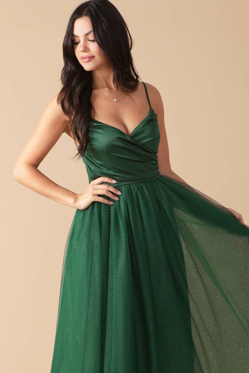 SATIN + TULLE MIDI DRESS - GREEN