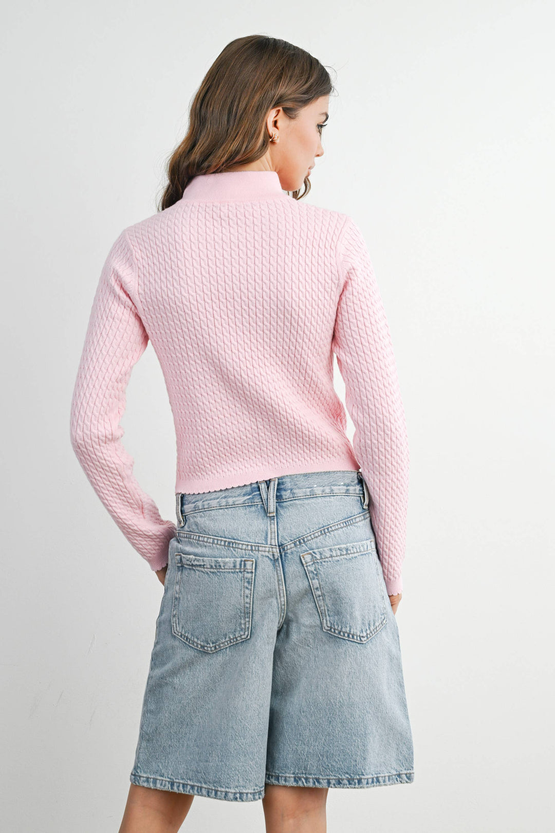 ZIP UP LONG SLEEVE MOCK NECK CARDI - PETAL PINK