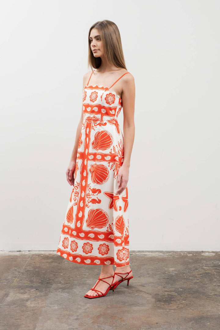 SEA PRINT SCALLOP DETAIL MIDI DRESS - ORANGE