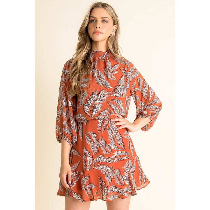 GEO PRINT MINI DRESS - BURNT SIENNA