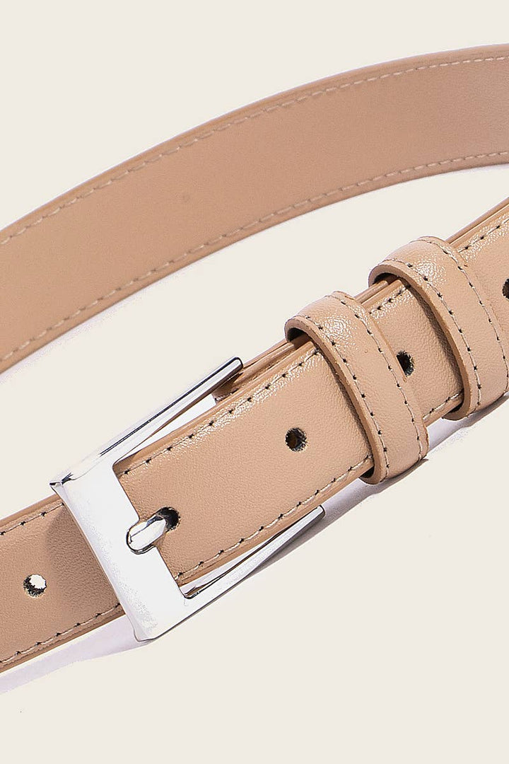 STITCHED BORDER RECTANGLE BUCKLE LEATHER BELT - TAUPE