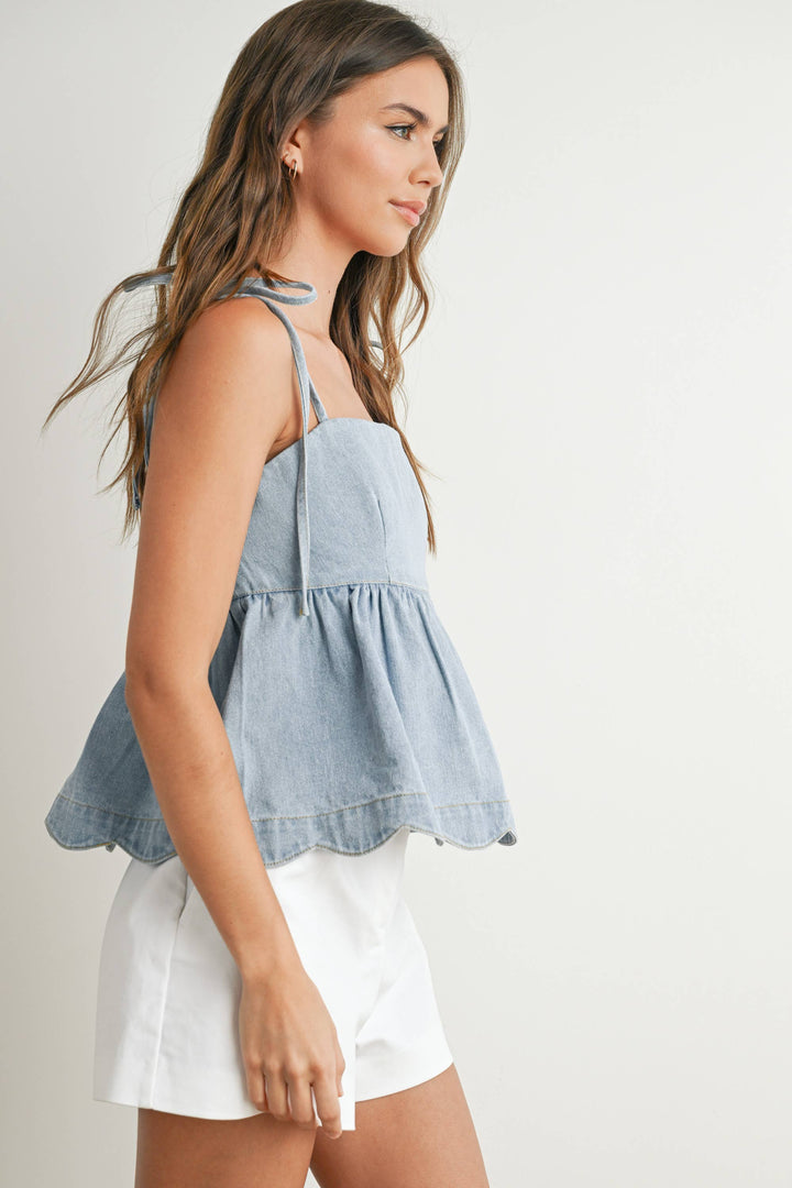DENIM TIE STRAP PEPLUM TOP - LIGHT BLUE