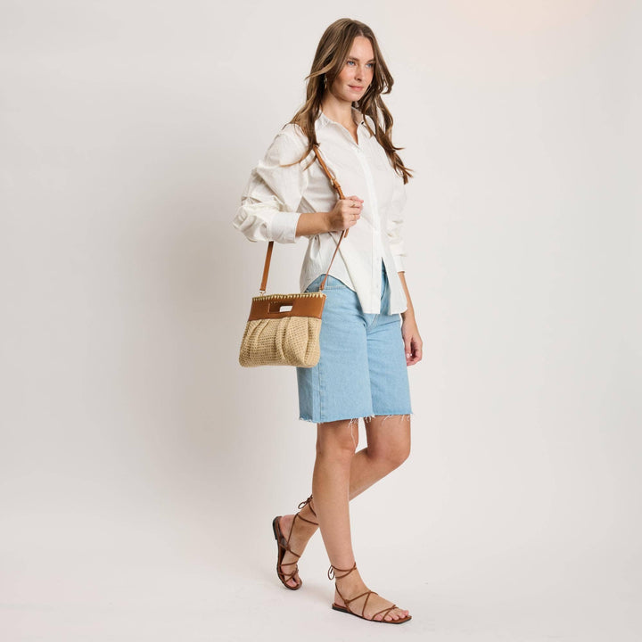 VALENTINA WOVEN + VEGAN LEATHER CROSSBODY - TAN + CAMEL