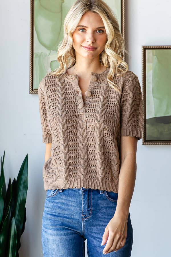 CABLE KNIT CROCHET SHORT SLEEVE SWEATER TOP - TAN