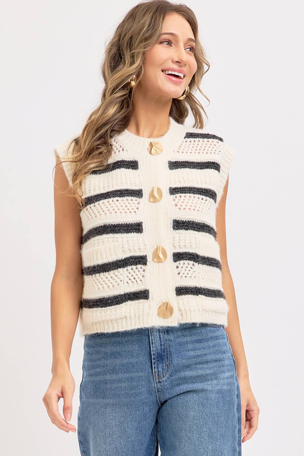 STRIPE SWEATER KNIT SLEEVELESS TOP - CREAM + NAVY