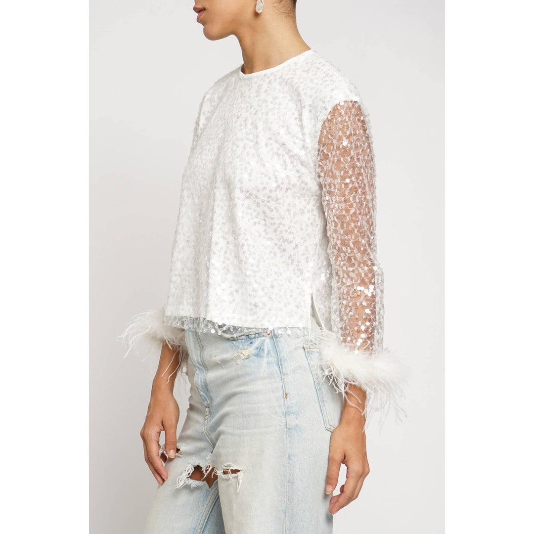 SEQUIN MESH FEATHER TOP - WINTER WHITE