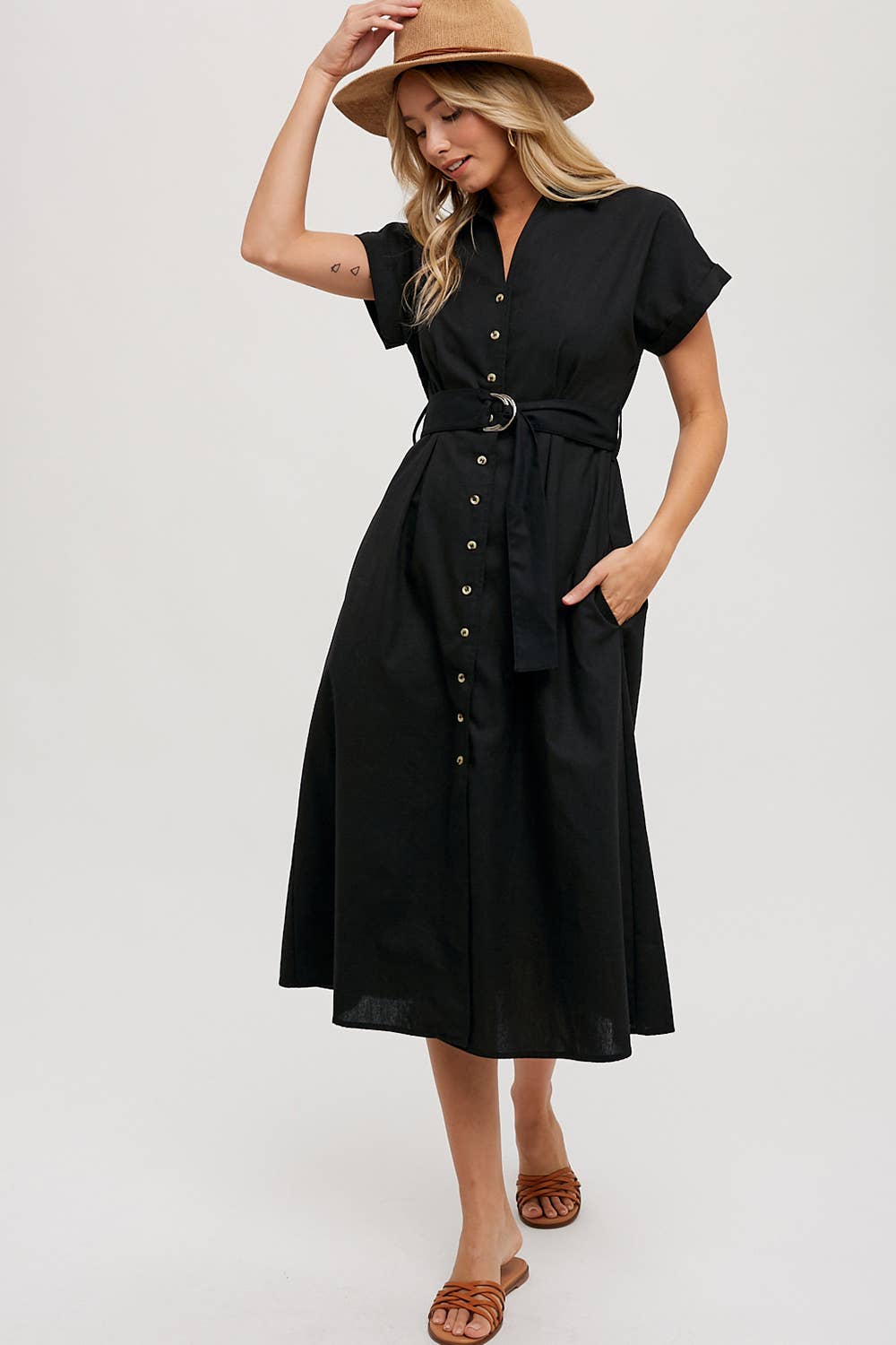 BUTTON DOWN BELTED MIDI DRESS - BLACK