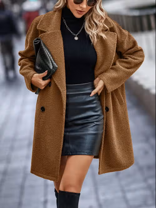 DOUBLE BREASTED SHERPA MID LENGTH COAT - COFFEE