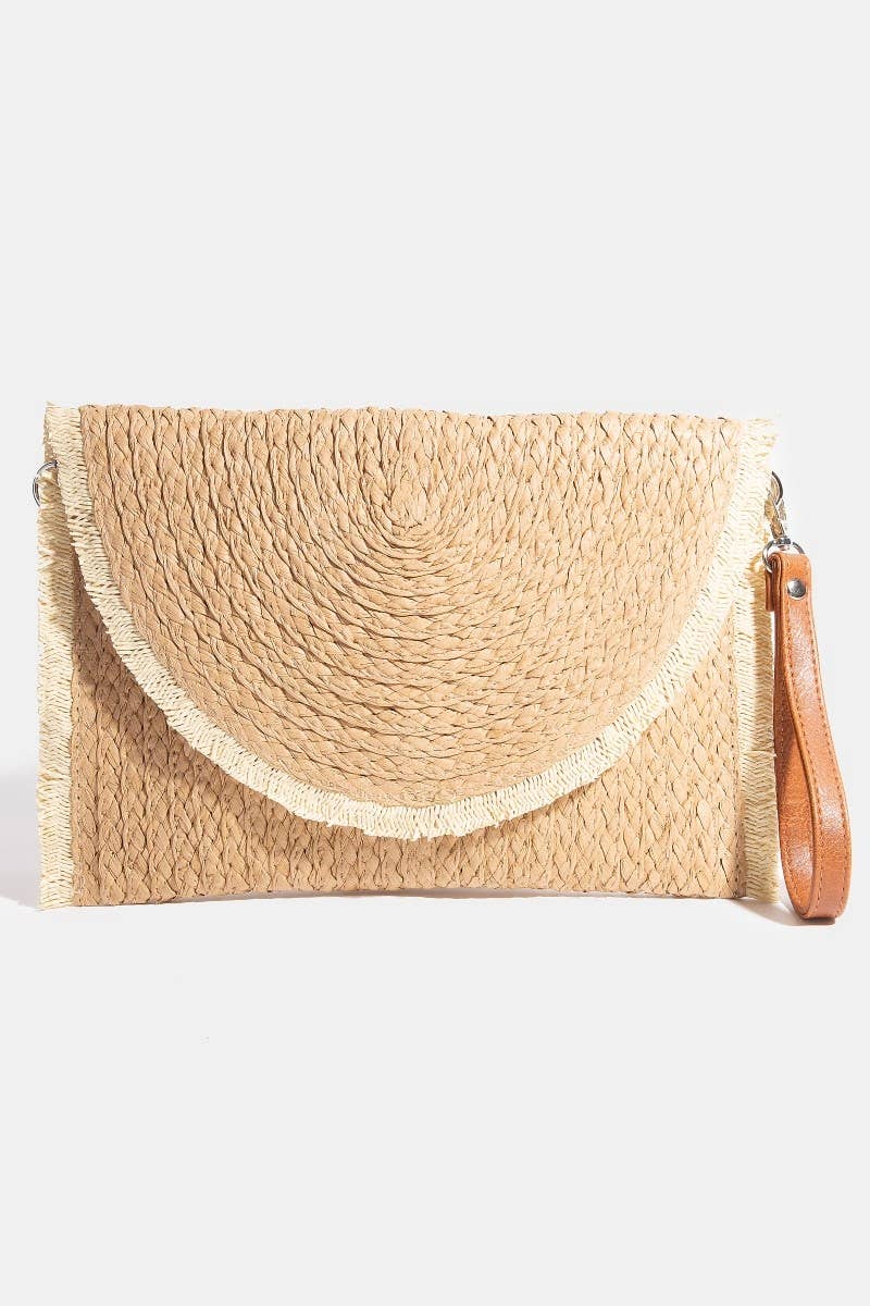 CONTRAST TRIM BRAIDED STRAW ENVELOPE CLUTCH
