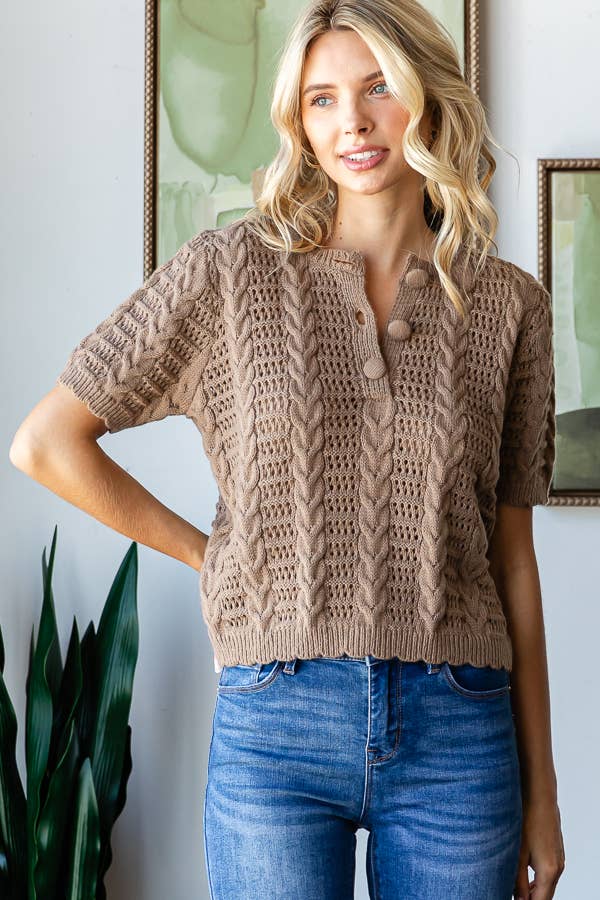 CABLE KNIT CROCHET SHORT SLEEVE SWEATER TOP - TAN